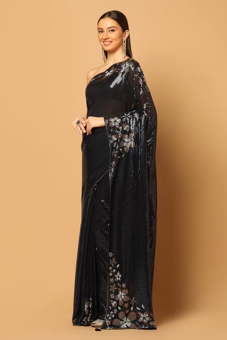 Shop Two Sisters By Gyans Black Georgette Sequins, Floral Embroidered Saree With Unstitched Blouse Piece Online at Aza Fashions Shop_Two Sisters By Gyans_Black Georgette Sequins, Floral Embroidered Saree With Unstitched Blouse Piece _Online_at_Aza_Fashions