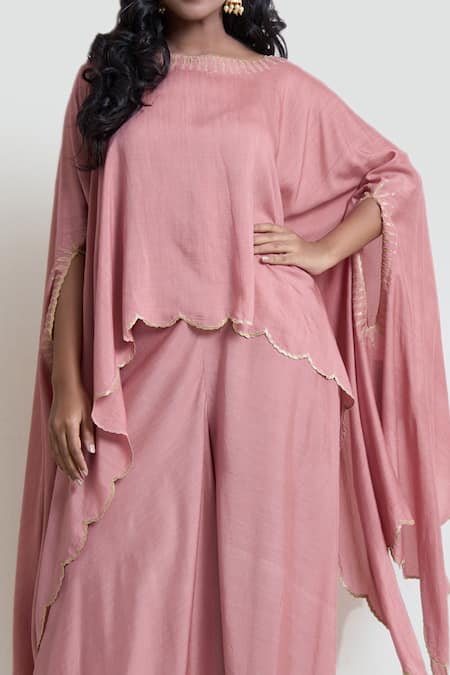 Brij Pink Silk Embroidered Hem Cape And Flared Pant Set at Aza Fashions Brij_Pink Silk Embroidered Hem Cape And Flared Pant Set _at_Aza_Fashions