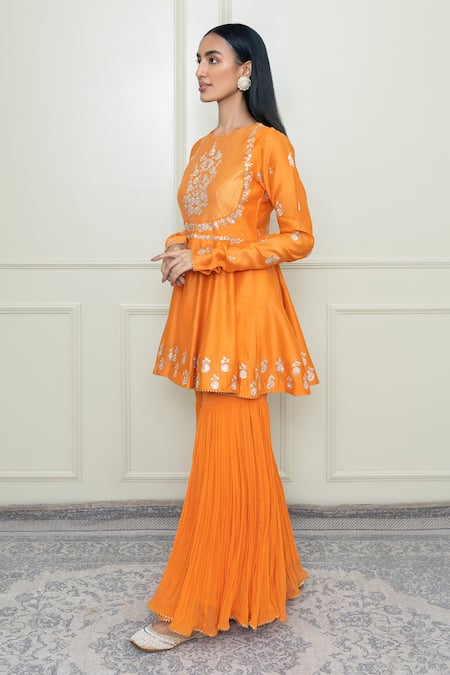 Sheetal Batra_Orange Georgette, Organza, Chanderi Round Peplum Kurta Set_Online_at_Aza_Fashions