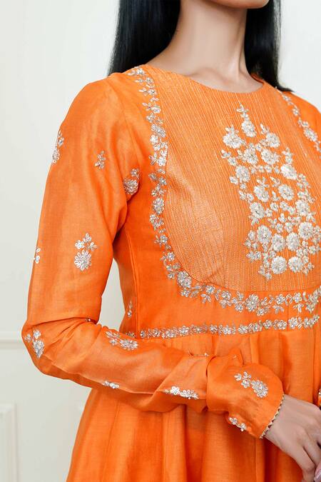 Buy_Sheetal Batra_Orange Georgette, Organza, Chanderi Round Peplum Kurta Set_Online_at_Aza_Fashions