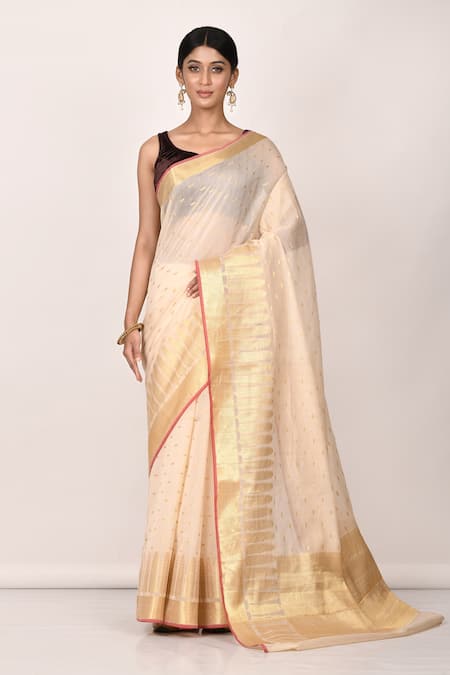 Nazaakat by Samara Singh Beige Banarasi Cotton Silk Woven Floral Saree With Running Blouse