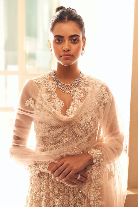 Shop_Seema Gujral_Beige Net V Neck Embroidered Kurta And Sharara Set  _Online_at_Aza_Fashions