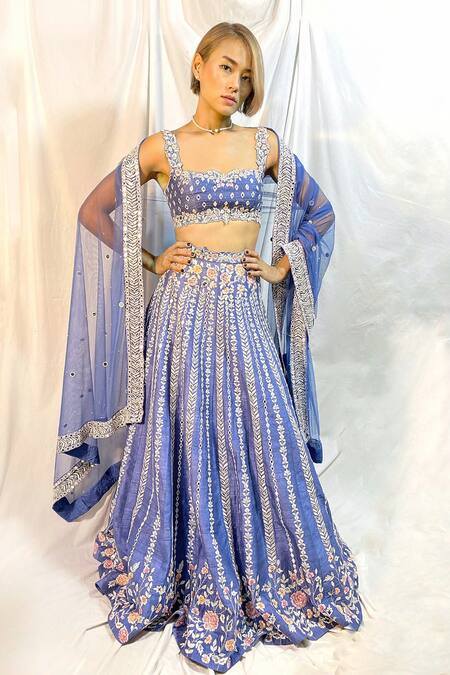 Shop_Maiti Shahani_Blue Raw Silk, Tulle Sequins, Crystals, Glass Embroidered Bridal Lehenga Set _Online_at_Aza_Fashions
