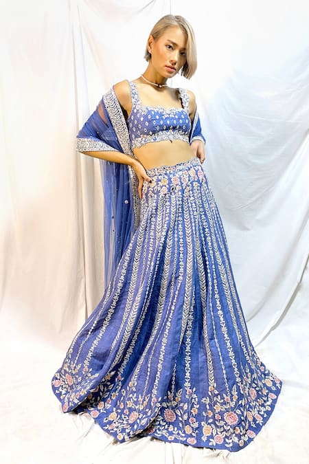 Maiti Shahani_Blue Raw Silk, Tulle Sequins, Crystals, Glass Embroidered Bridal Lehenga Set _at_Aza_Fashions