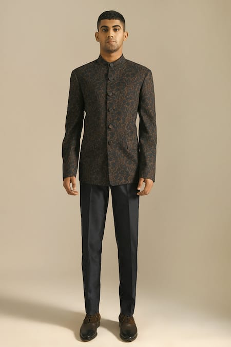 Dhruv Vaish_Blue Cotton Silk Floral Print Bandhgala _Online_at_Aza_Fashions