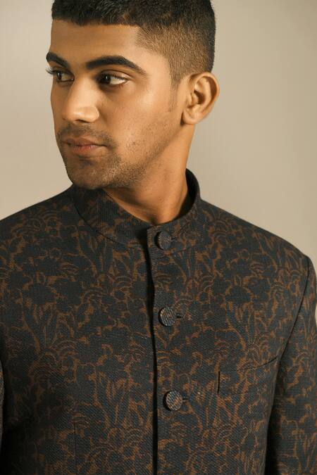 Buy_Dhruv Vaish_Blue Cotton Silk Floral Print Bandhgala _Online_at_Aza_Fashions