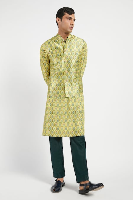 Rabani & Rakha_Yellow Kurta Crepe Bundi Dupion Pant Cotton Silk Printed Set _Online_at_Aza_Fashions