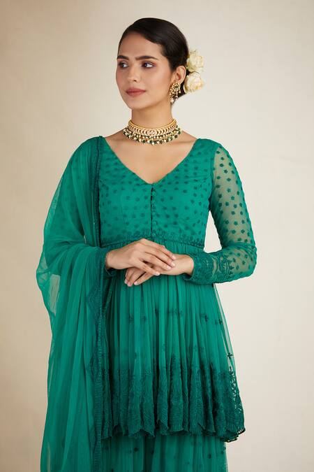 Astha Narang_Green Net, Crepe V Neck Embroidered Kurta Sharara Set _Online_at_Aza_Fashions
