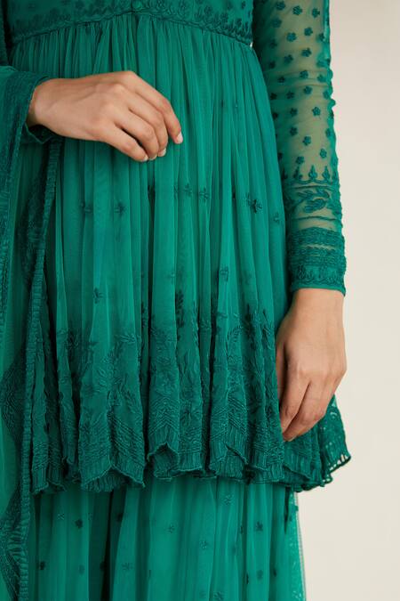 Buy_Astha Narang_Green Net, Crepe V Neck Embroidered Kurta Sharara Set _Online_at_Aza_Fashions