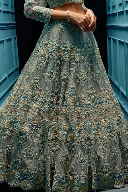 Angad Singh_Grey Net Interlining Satin Round Embroidered Bridal Lehenga Set _at_Aza_Fashions