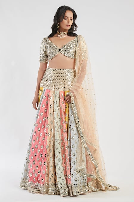 Abhinav Mishra Multi Color Blouse Andlehenga Raw Silk Dupatta Mirror Embellished Bridal Set 