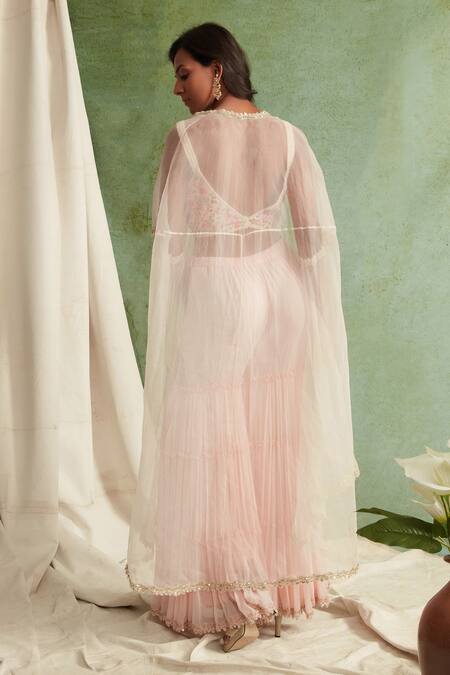 Shop Priyanka Jain Pink Blouse Chanderi Sharara Georgette, Cape Organza V Neck And Set at Aza Fashions Shop_Priyanka Jain_Pink Blouse Chanderi Sharara Georgette, Cape Organza V Neck And Set _at_Aza_Fashions