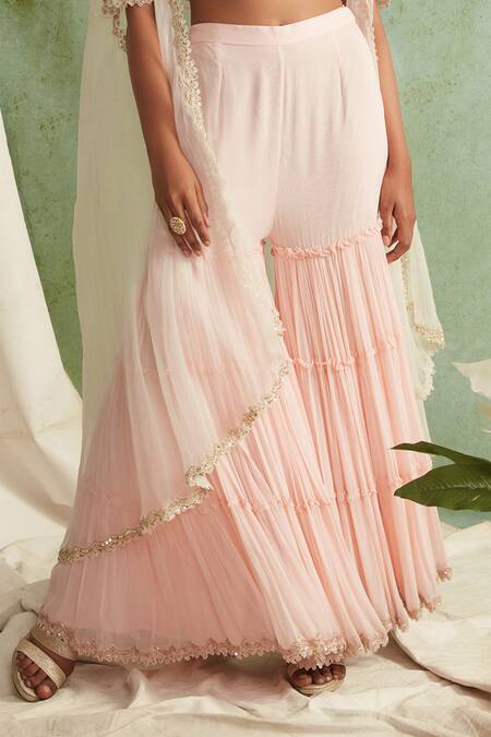 Shop Priyanka Jain Pink Blouse Chanderi Sharara Georgette, Cape Organza V Neck And Set Online at Aza Fashions Shop_Priyanka Jain_Pink Blouse Chanderi Sharara Georgette, Cape Organza V Neck And Set _Online_at_Aza_Fashions