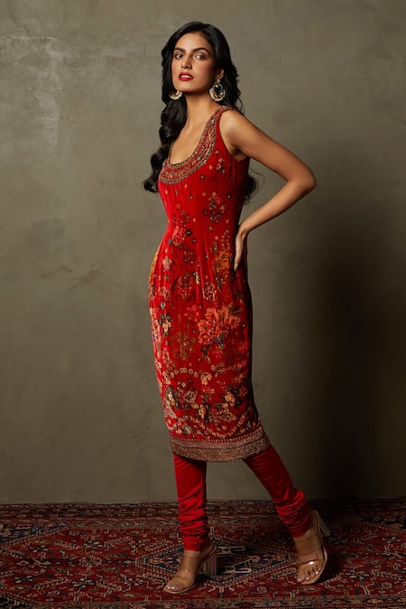 Buy RI.Ritu Kumar Red Churidar Satin Lycra, Dupatta Chinon, Embroidered Set Online at Aza Fashions Buy_RI.Ritu Kumar_Red Churidar Satin Lycra, Dupatta Chinon, Embroidered Set _Online_at_Aza_Fashions