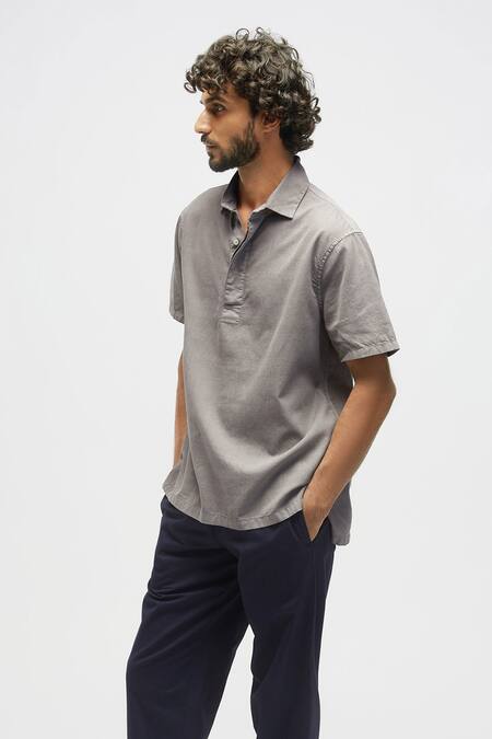 Terra Luna_Grey 100% Linen Terra Luna Rugby T-shirt_Online_at_Aza_Fashions