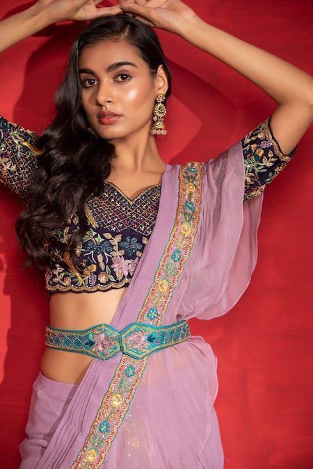 Miku Kumar_Purple Silk, Georgette Zardozi Work V Neck Pre-draped Ruffle Saree With Blouse_Online_at_Aza_Fashions