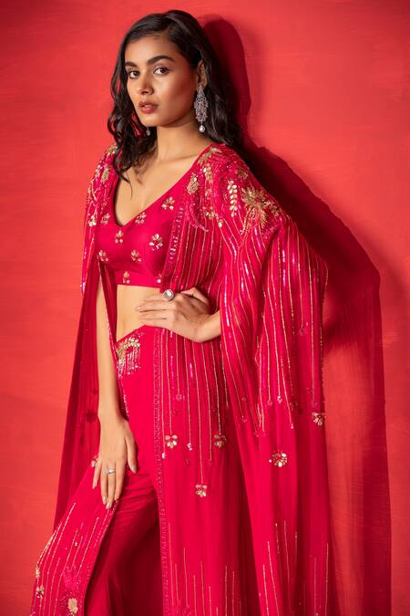 Miku Kumar_Fuchsia Georgette Hand Embroidered Zari Cape Open Palazzo Set  _Online_at_Aza_Fashions