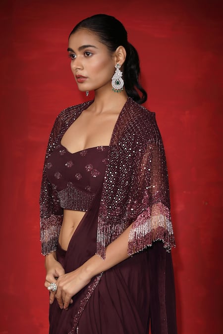 Shop_Miku Kumar_Wine Net, Satin Organza Cut Dana And Thread Work Blouse Pre-draped Saree Set_Online_at_Aza_Fashions