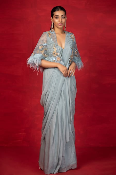 Miku Kumar Cut Dana Work Cape Pre-Draped Saree Set 