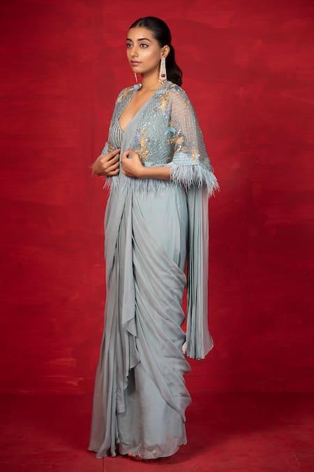 Miku Kumar_Blue Net, Satin Organza Bead, Sequin And Cut Dana Work & Pre-draped Saree Set _Online_at_Aza_Fashions