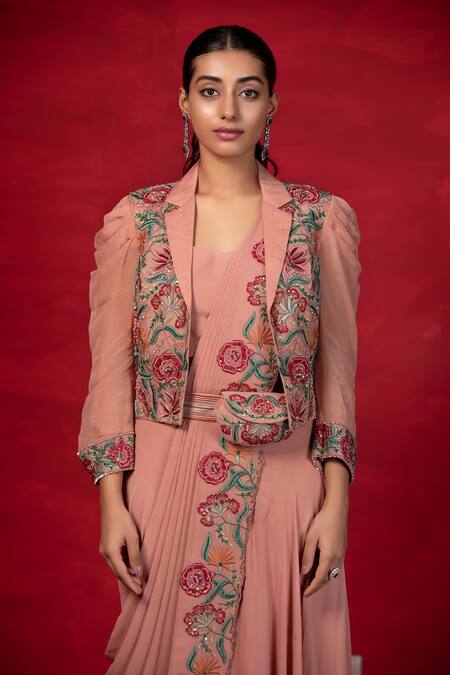 Cream Embroidered Jacket Style Indowestern Set In Silk