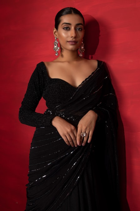 Miku Kumar_Black Satin Organza, Georgette Sequin And Embroidered Draped Lehenga With Blouse _Online_at_Aza_Fashions