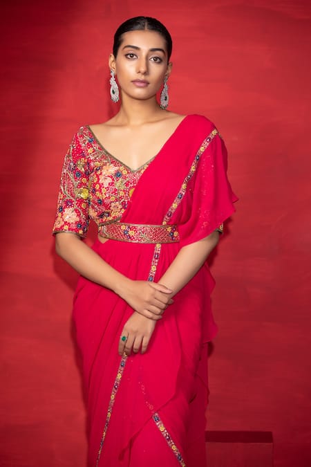 Miku Kumar_Fuchsia Silk, Georgette Thread, Sequin Pre-draped Saree With Embellished Blouse _Online_at_Aza_Fashions