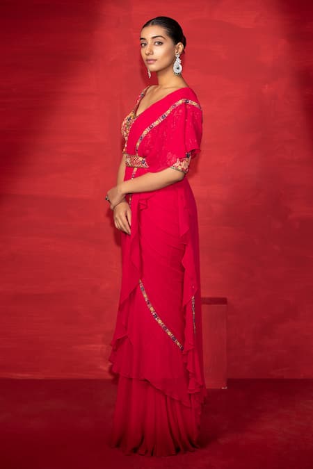 Buy_Miku Kumar_Fuchsia Silk, Georgette Thread, Sequin Pre-draped Saree With Embellished Blouse _Online_at_Aza_Fashions