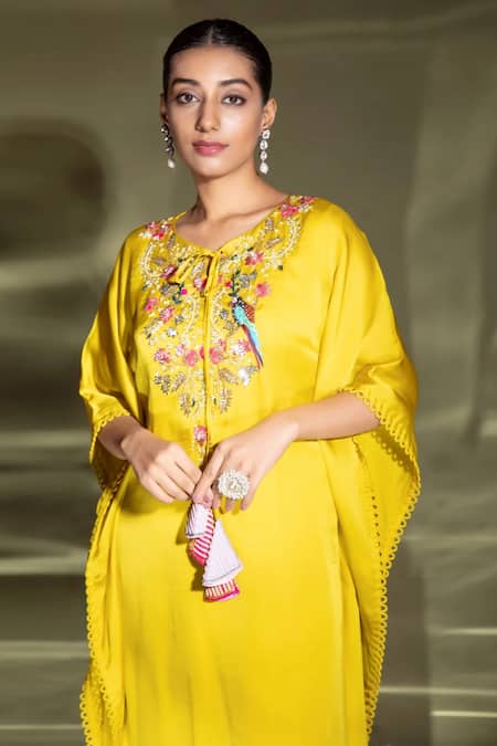 Miku Kumar_Yellow Satin Organza, Georgette Thread, Embroidered Yoke Kaftan And Palazzo Set_Online_at_Aza_Fashions