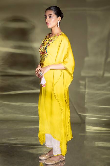 Buy_Miku Kumar_Yellow Satin Organza, Georgette Thread, Embroidered Yoke Kaftan And Palazzo Set_Online_at_Aza_Fashions