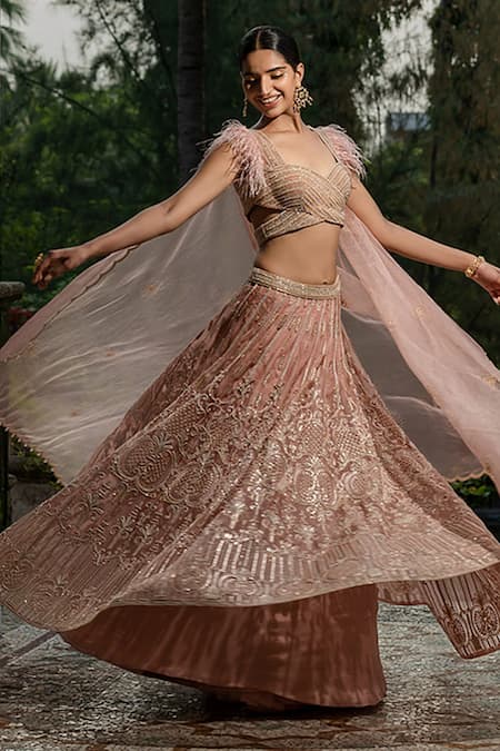 Shop_Amrin Khan_Pink Organza Embroidery Foil Sweetheart Neck Hand Lehenga Set  _at_Aza_Fashions