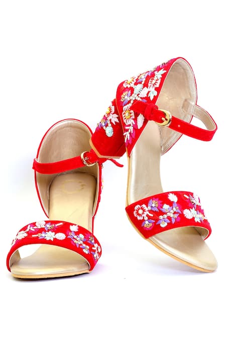 Shiveen Shiveen_Red Embroidery Dhyana Block Heels _Online_at_Aza_Fashions