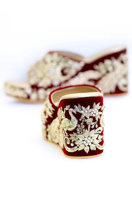 Buy_Shiveen Shiveen_Maroon Embellished Velvet Wedges _Online_at_Aza_Fashions
