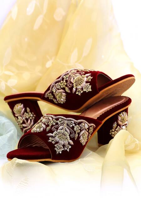 Buy_Shiveen Shiveen_Maroon Embellished Tapta Velvet Round Toe Heels _Online_at_Aza_Fashions
