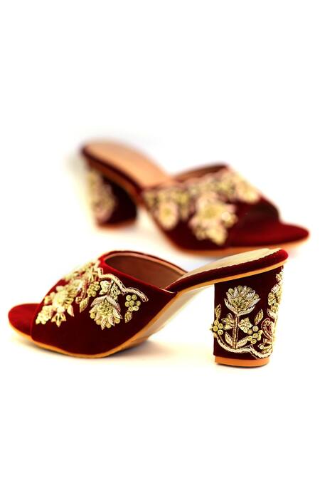 Shop_Shiveen Shiveen_Maroon Embellished Tapta Velvet Round Toe Heels _Online_at_Aza_Fashions