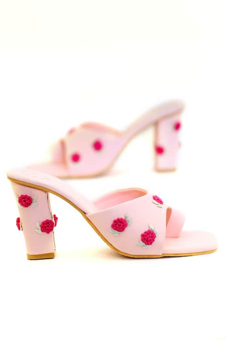 Shop_Shiveen Shiveen_Pink Embellished Paatalam Floral Block Heels_Online_at_Aza_Fashions