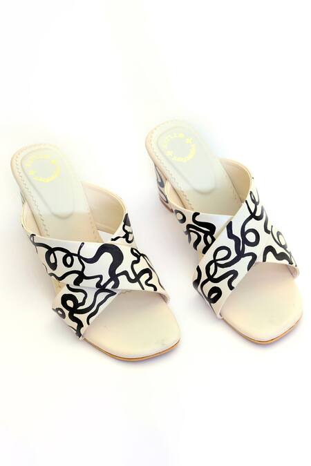 Shop_Shiveen Shiveen_Cream Hand Painted Ribbon Mess Block Heels_Online_at_Aza_Fashions