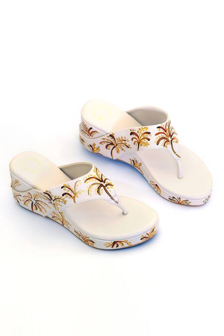 Buy_Shiveen Shiveen_Cream Hand Painted Abstract Palm Tree Wedges_Online_at_Aza_Fashions
