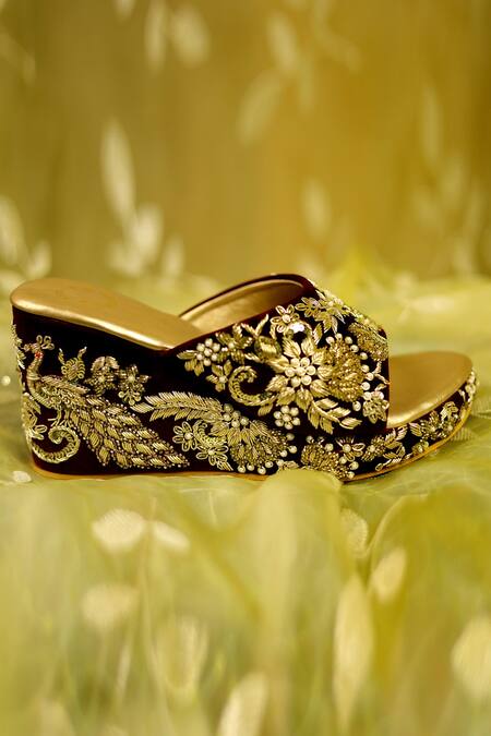 Shop_Shiveen Shiveen_Maroon Embellished Velvet Wedges _Online_at_Aza_Fashions
