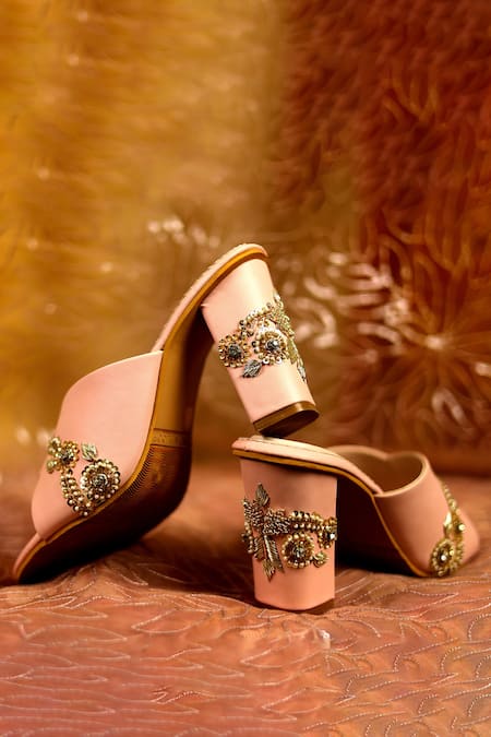 Shop_Shiveen Shiveen_Pink Embellished Harini Leaf Block Heels _Online_at_Aza_Fashions