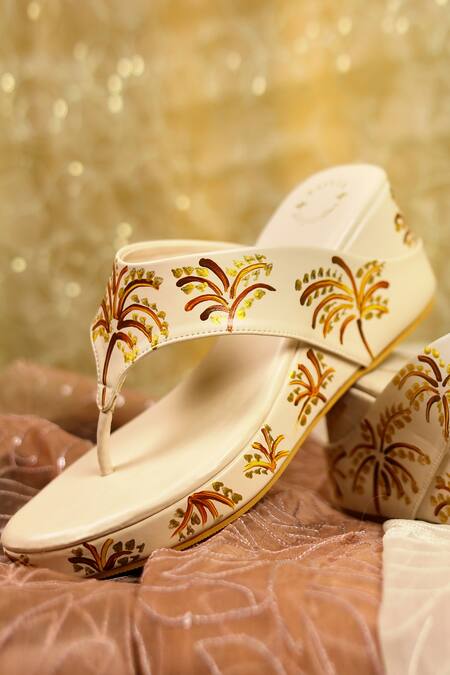 Shop_Shiveen Shiveen_Cream Hand Painted Abstract Palm Tree Wedges_Online_at_Aza_Fashions