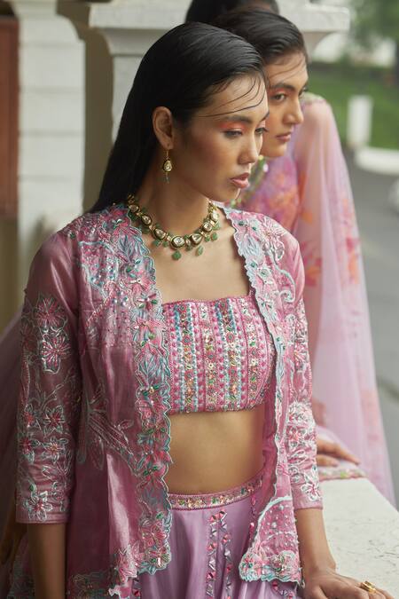 Buy_Moledro_Purple Jacket And Bustier- Silver Tissue, Pant- Bheeni Embroidered With Set _Online_at_Aza_Fashions