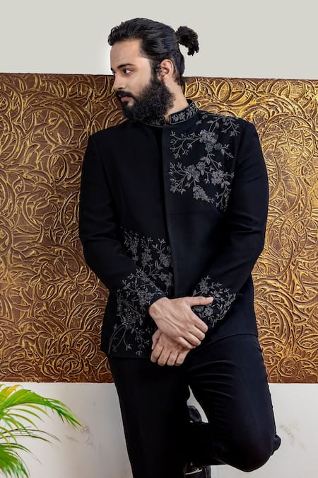 Hilo Design_Black Suede Embroidery Chival Bandhgala _Online_at_Aza_Fashions