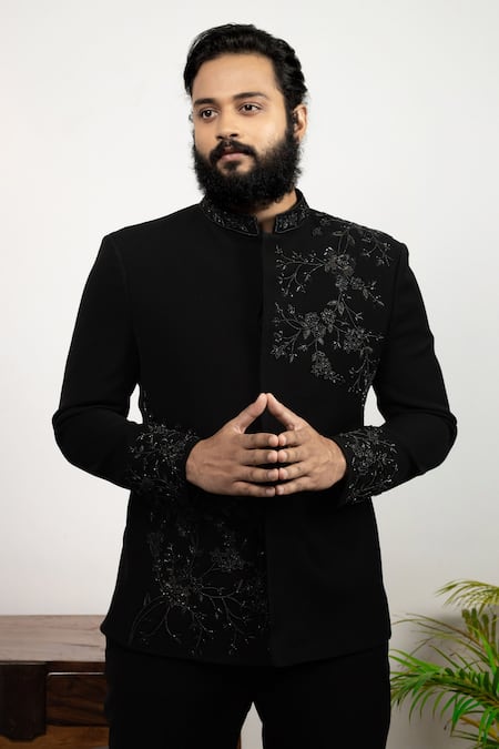 Buy_Hilo Design_Black Suede Embroidery Chival Bandhgala _Online_at_Aza_Fashions