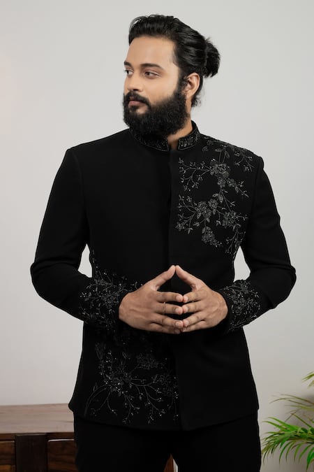 Shop_Hilo Design_Black Suede Embroidery Chival Bandhgala _Online_at_Aza_Fashions