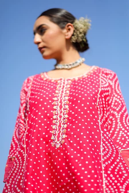 Buy Label Mansi Nagdev Red Chanderi Silk Embroidery, Beads Round Neck Azal A-line Kurta Set Buy_Label Mansi Nagdev_Red Chanderi Silk Embroidery, Beads Round Neck Azal A-line Kurta Set