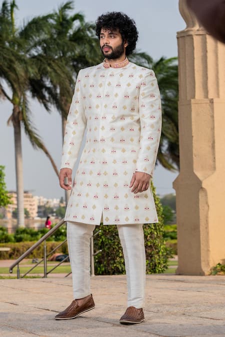 Shop_Hilo Design_White Silk Embroidery Irenic Zari Sherwani Set _Online_at_Aza_Fashions