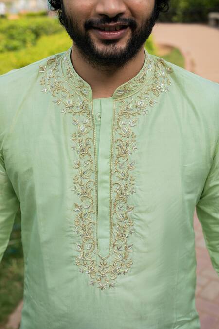 Hilo Design_Green Silk Embroidery Zardozi Kurta Dhoti Pant Set _Online_at_Aza_Fashions