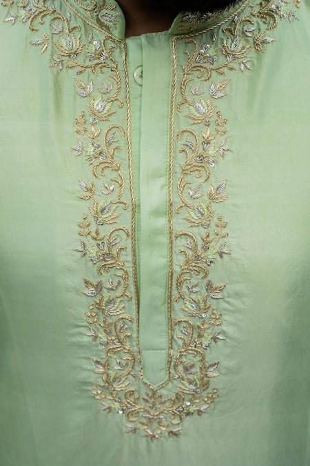 Shop_Hilo Design_Green Silk Embroidery Zardozi Kurta Dhoti Pant Set _Online_at_Aza_Fashions