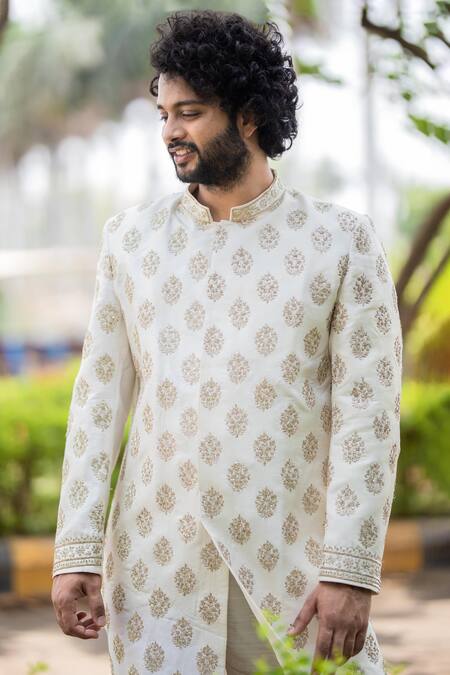 Shop_Hilo Design_White , Satin Zari, Embroidery Lysian Sherwani Set _Online_at_Aza_Fashions